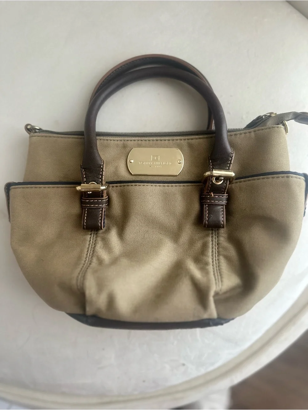 Tommy Hilfiger Olive Green Satchel with Dark Brown Handles & Gold Hardware